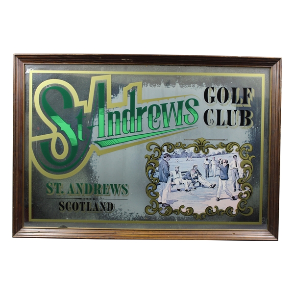 St. Andrews Golf Club - Scotland - Large Bar Mirror with Golfer Scene - Framed