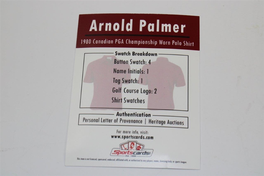 Arnold Palmer’s 1980 Canadian PGA Championship GAME WORN Polo Shirt Swatch w/COA