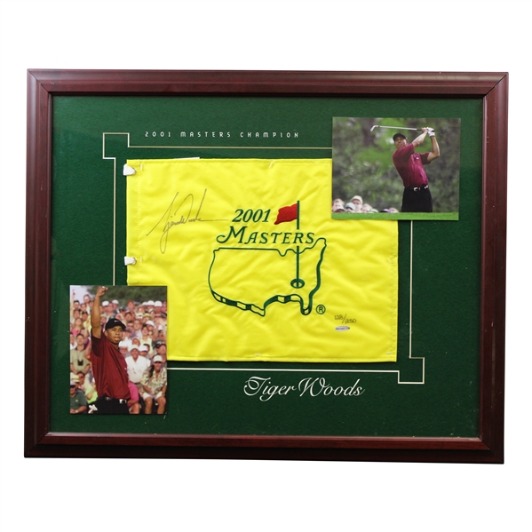 Tiger Woods Signed Ltd Ed 2001 Masters Embroidered Flag UDA #BAH95129 #128/250 - Framed
