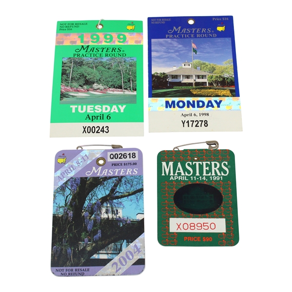 1991 & 2004 Masters Badges with 1998 & 1999 Masters Daily Tickets
