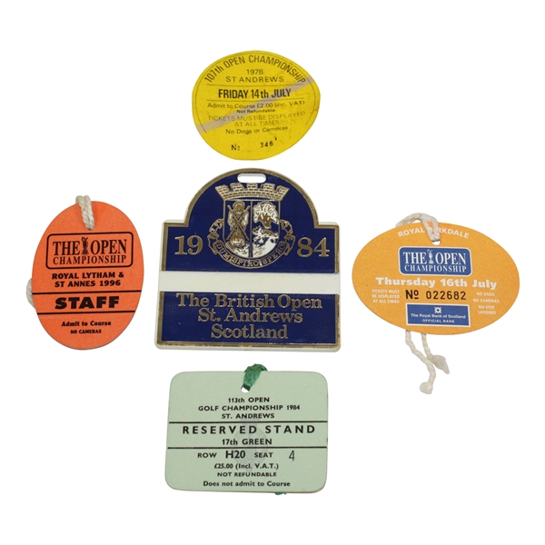 1978, 1984, 1996, & 1998 OPEN Championship Tickets with 1984 Bag Tag