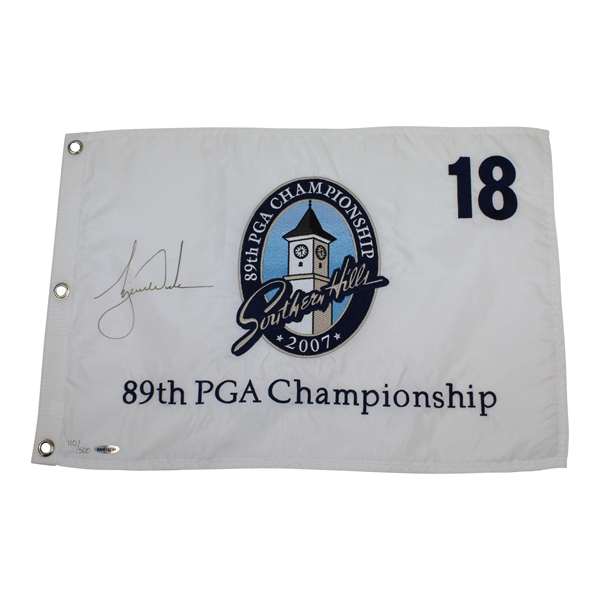 Tiger Woods Signed 2007 PGA at Southern Hills Ltd Ed #110/500 Flag UDA #BAM16264