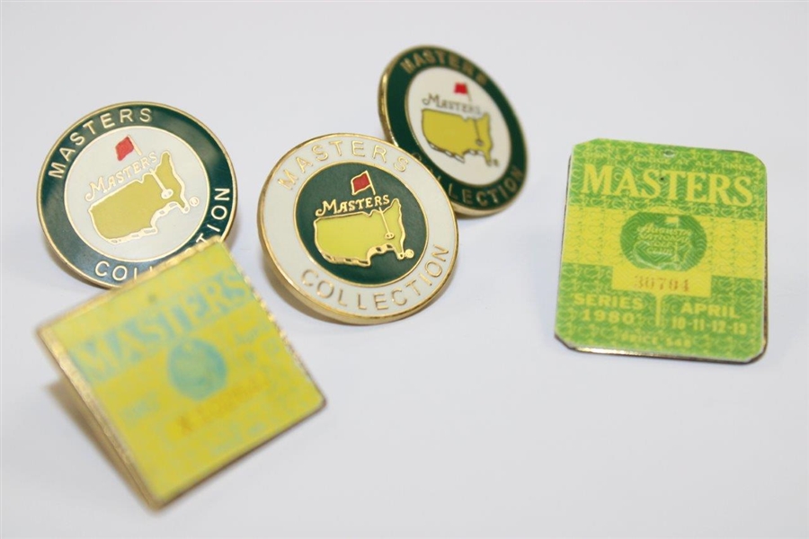 Three (3) Undated Masters Collection Pins with Two Badge Pins (1980 & 1987)