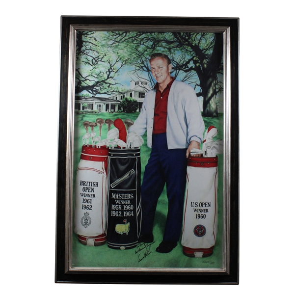 Arnold Palmer Signed Large Major Victories Golf Bag Kathy Crosse Print - Framed JSA ALOA