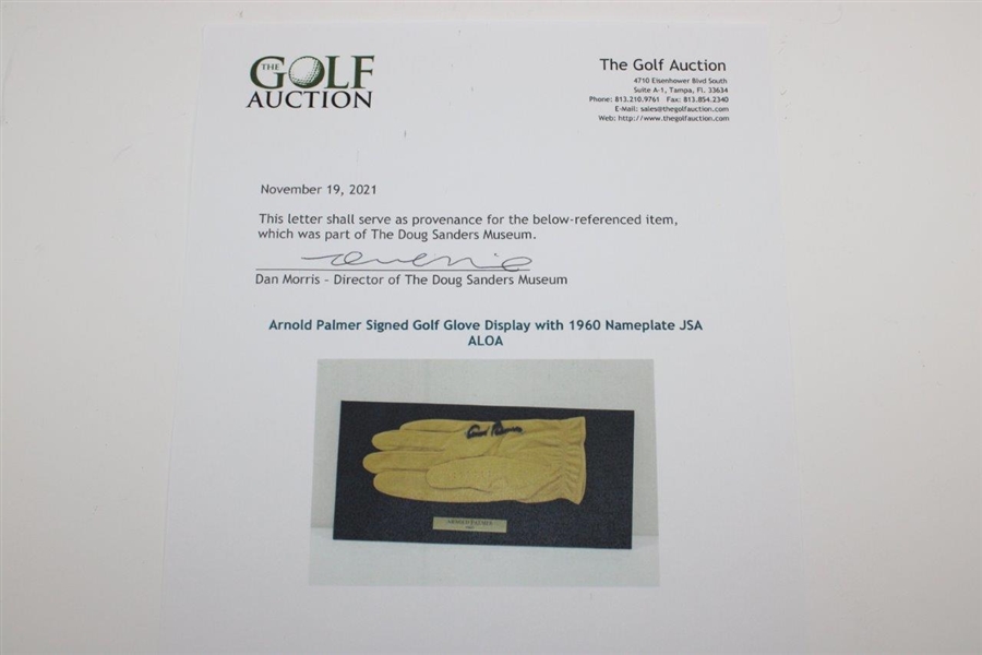 Arnold Palmer Signed Golf Glove Display with 1960 Nameplate JSA ALOA