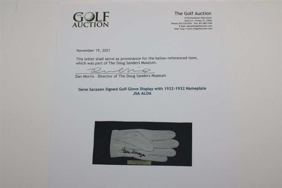 Gene Sarazen Signed Golf Glove Display with 1922-1932 Nameplate JSA ALOA