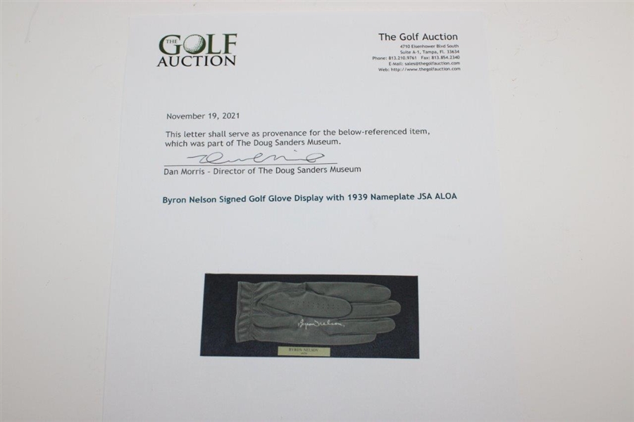 Byron Nelson Signed Golf Glove Display with 1939 Nameplate JSA ALOA