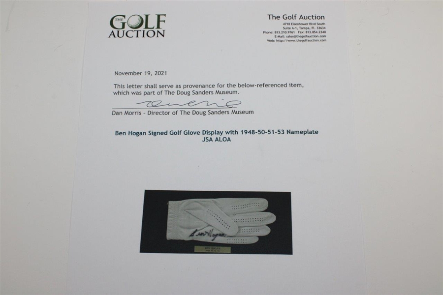 Ben Hogan Signed Golf Glove Display with 1948-50-51-53 Nameplate JSA ALOA