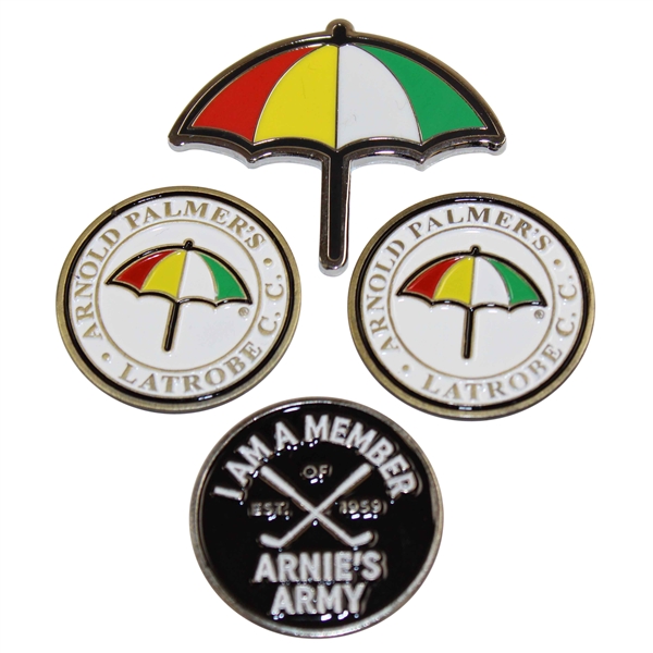 Four (4) Arnold Palmer Ball Markers - Umbrella, Latrobe (x2) & 'I Am A Member of Arnie's Army'