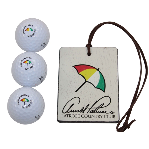 Three (3) Arnold Palmer's Latrobe C.C. Logo Golf Balls with Bag Tag