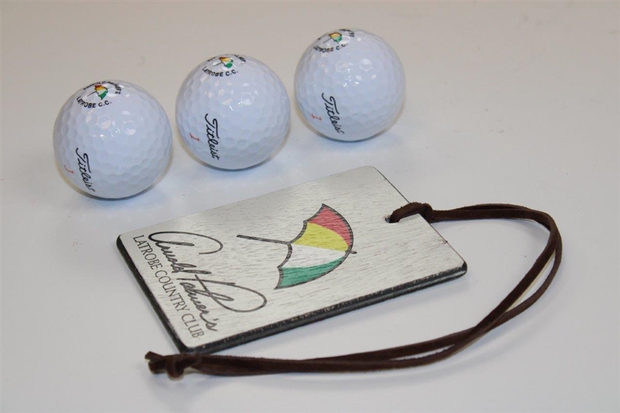 Three (3) Arnold Palmer's Latrobe C.C. Logo Golf Balls with Bag Tag