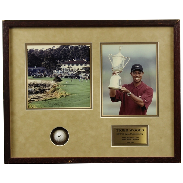 Tiger Woods 2000 Pebble Beach Framed Shadow Box with Photo & Nike Golf Ball