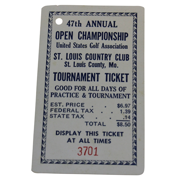 1947 US Open At St. Louis CC Series Ticket - Lew Worsham Playoff Win over Snead