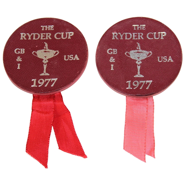 Pair of 1977 Ryder Cup Round Red Leather Lapel Pins - Collection of Donald E. Padgett