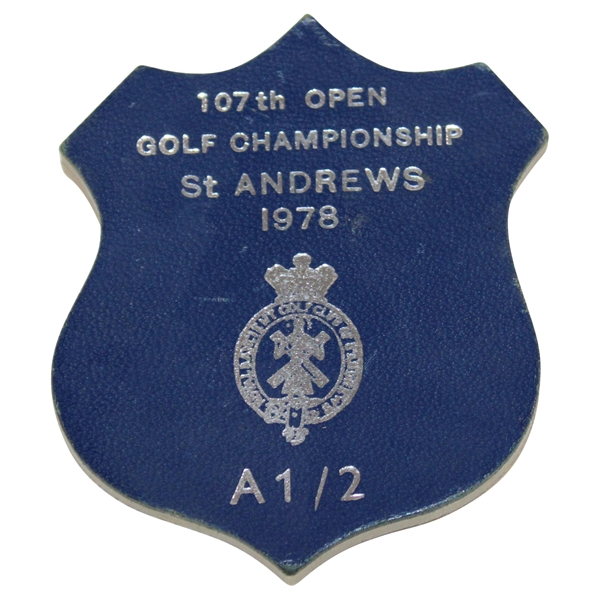 1978 OPEN Championship at St. Andrews Blue Leahter Shield Lapel Pin - Collection of Donald E. Padgett