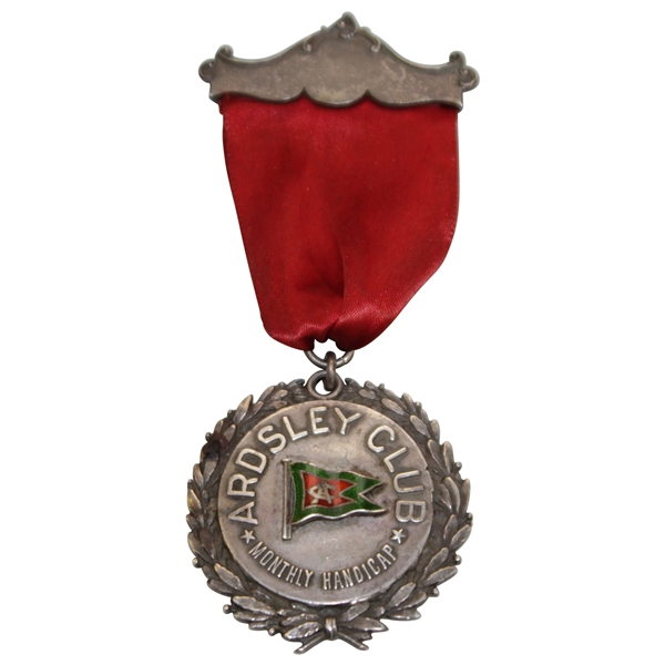 Circa Early 1890's Ardsley Club Monthly Handicap Medal with Decorative Pin & Ribbon - Enameled Flag
