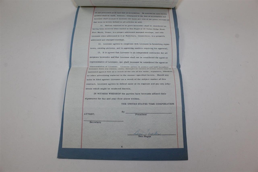 Ben Hogan Signed Contract with the U.S. Time Corp (Watches) JSA ALOA