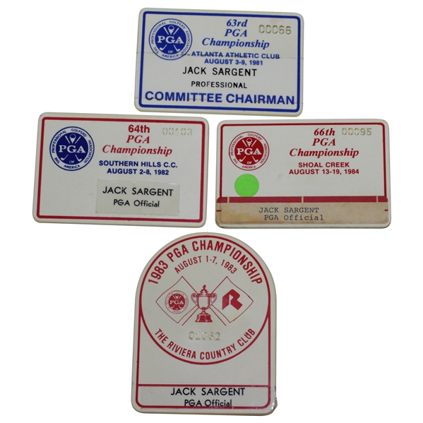 Four of Jack Sargent's Offical Badges for PGA Championship - 1981, 1982, 1983, & 1984