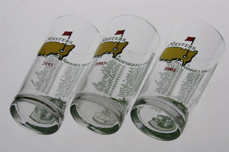 Three (3) Masters Commemorative Glasses from Tiger Wins - 1997, 2001 & 2005