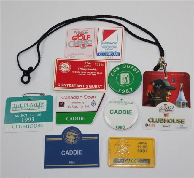 Ten (10) Various Year & Event Caddy Badges & Credentials - Donnie Wanstall Collection