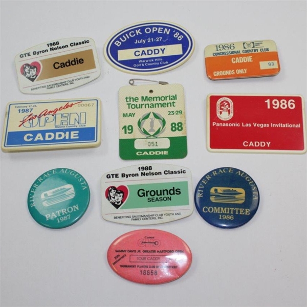 Ten (10) Various Year & Event Caddy Badges & Credentials - Donnie Wanstall Collection