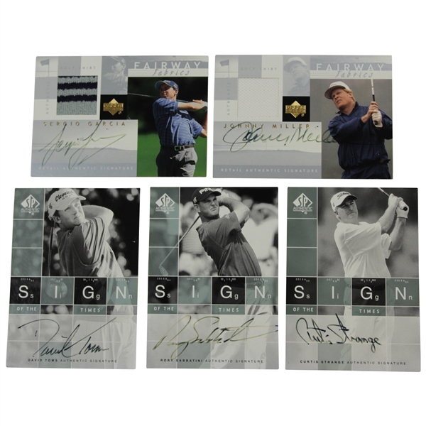 Five (5) Signed Upper Deck Golf Cards - Sign of the Time & Fairway Fabrics - Sergio, Strange & others