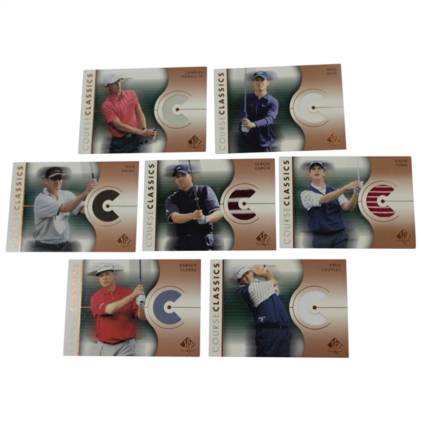 Seven (7) 2003 Upper Deck Course Classics Golf Cards - Game Used Shirts - Faldo, Couples, Sergio, & others