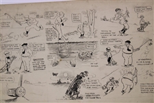 Original Clare Briggs Pen & Ink 9 Cell Cartoon Strip Featuring Golfer and Young Willie Wood 