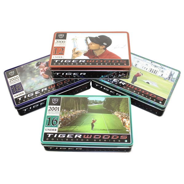 Tiger Slam Commemorative Golf Ball Tins for Masters, PGA, US Open, & OPEN Victories - Complete Set