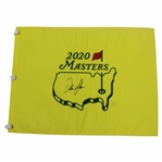 Dustin Johnson Signed 2020 Masters Embroidered Flag with Large Photo of Tiger Green Jacket Presentation JSA ALOA