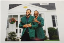 Dustin Johnson Signed 2020 Masters Embroidered Flag with Large Photo of Tiger Green Jacket Presentation JSA ALOA