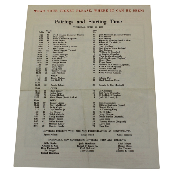 1968 Masters Tournament Thursday Pairing Sheet - Bob Goalby Winner