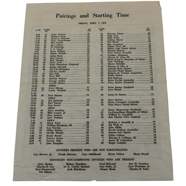 1972 Masters Tournament Friday Pairing Sheet - Jack Nicklaus Winner