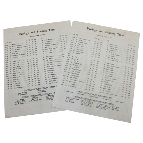 1974 Sunday & 1981 Saturday Masters Tournament Pairing Sheets