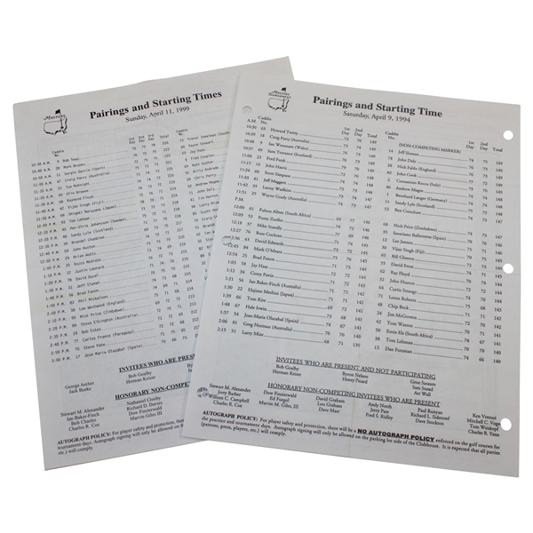 1994 Saturday & 1999 Sunday Masters Tournament Pairing Sheets - Jose Maria Olazabal Winner