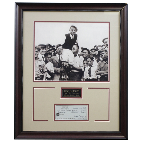 Gene Sarazen Signed Personal Check with 1922 PGA Champ Photo Display - Framed JSA ALOA