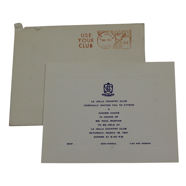 1961 Dinner Dance for Paul Runyan at La Jolla Country Club Invitation