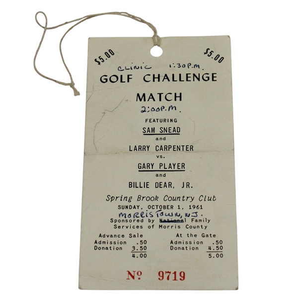 1961 Snead & Player Signed Golf Challenge at Spring Brook CC Ticket #9719 JSA ALOA