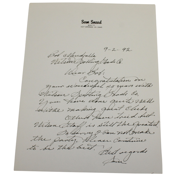 Sam Snead Signed Handwritten 9/9/1992 Letter to Wilson Employee Mendralla on Letterhead JSA ALOA