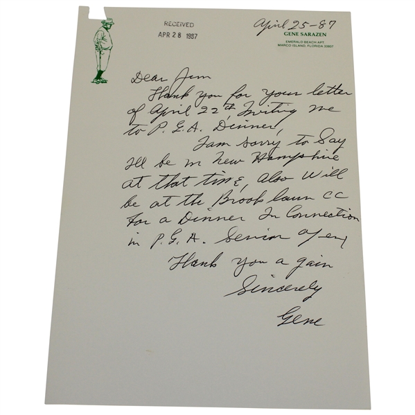 Gene Sarazen Signed Handwritten 4/25/1987 Letter on Personal Letterhead JSA ALOA