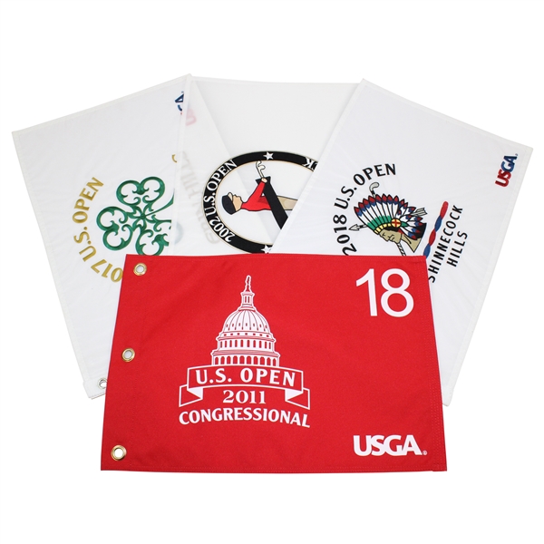 Four (4) US Open Embroidered & Screen Flags - 2002, 2011, 2017, & 2018