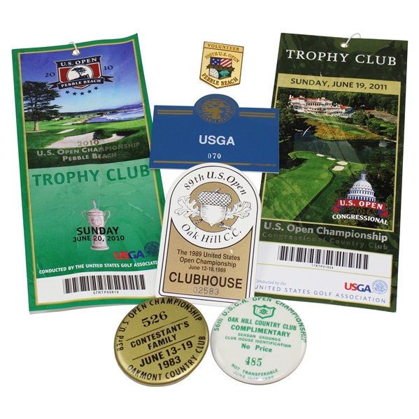 Various US Open Items Including Clubhouse Badge, Tickets, Pins - 1956, 1983, 1989, 2000 & more