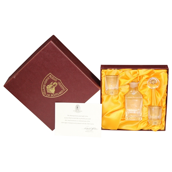 1995 OPEN Championship Scores Hotel Burns Crystal Decanter & Glass Set in Original Box