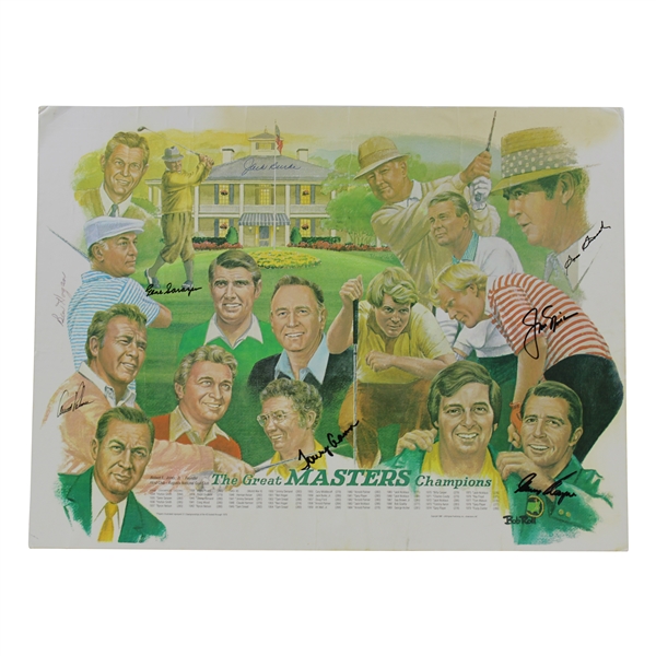 Hogan, Palmer, Snead, Nicklaus, Sarazen, Player, Burke, & Aaron Signed Great Masters Champs Matted Poster JSA ALOA