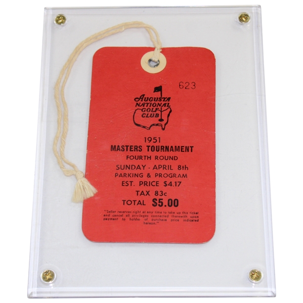 1951 Masters Tournament Final Round Ticket #623 with Original String - Ben Hogan Winner