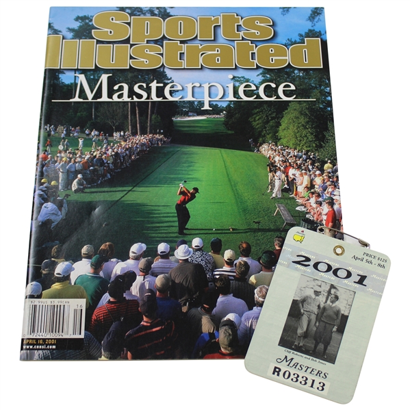 2001 Masters Tournament SERIES Badge with 2001 Sports Illustrated Tiger Woods Cover