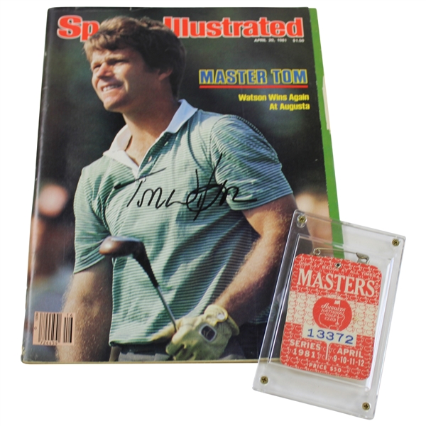 1981 Masters Tournament SERIES Badge with Signed Tom Watson 1981 Sports Illustrated Cover JSA ALOA