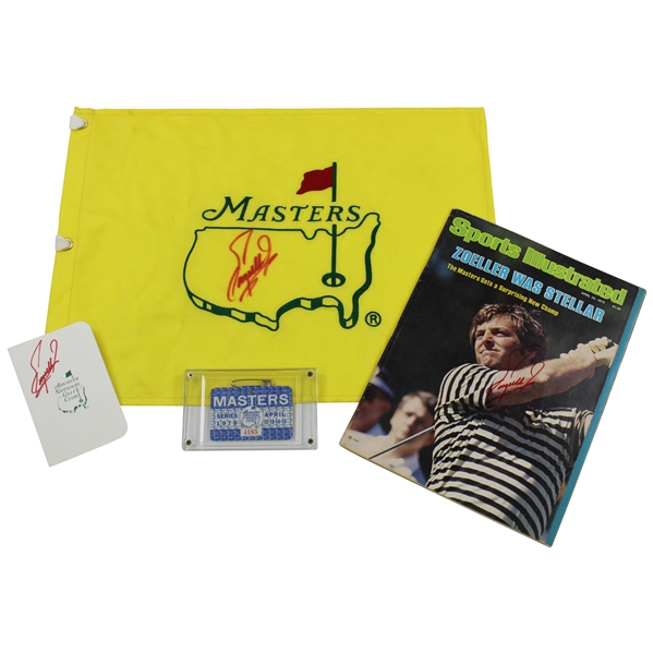 Fuzzy Zoeller Signed Masters Flag, Sports Illustrated & ANGC Scorecard with 1979 Masters SERIES Badge JSA ALOA