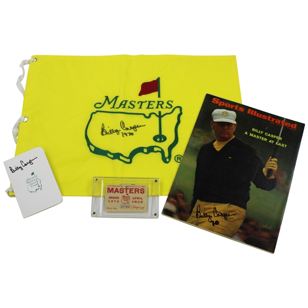 Billy Casper Signed Masters Flag (w/Year), Sports Illustrated & ANGC Scorecard with 1970 Masters SERIES Badge JSA ALOA