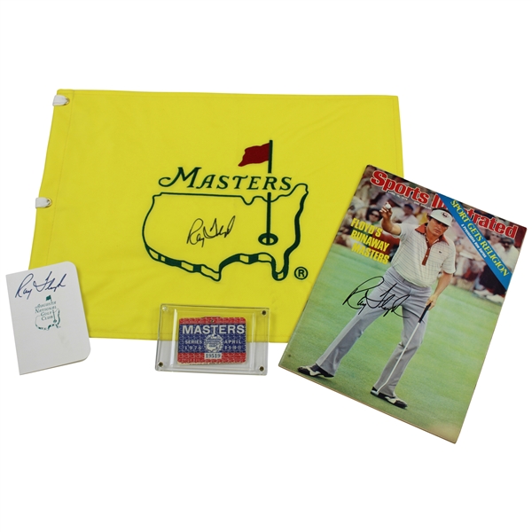 Ray Floyd Signed Masters Flag, Sports Illustrated & ANGC Scorecard with 1976 Masters SERIES Badge JSA ALOA